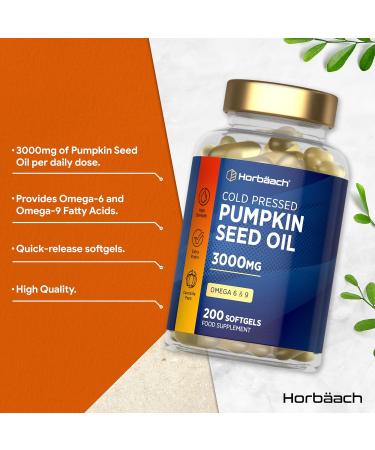 Pumpkin Seed Oil Capsules 3000mg | Cold Pressed | High Strength Supplement | 200 Softgels | by Horbaach - Buy Online on GoSupps.com