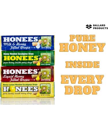 Honees Honey Cough Drops Variety Pack - 4 Packs, 1 Pack of Each flavor (Milk & Honey, Honey Filled, Honey Lemon, Honey Menthol) - Bundle Pocket Bag - Buy Online on GoSupps.com