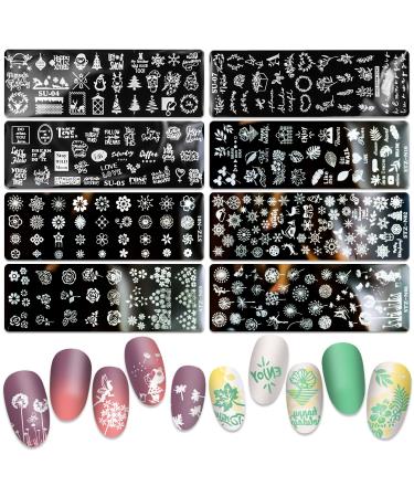SILPECWEE 8 Pieces Nail Stamping Plate Flower Leaf Holiday Nail Stamps Nail Art Stencils Stamping Plates For Nails Manicure Stamping Kit Simple Style 1