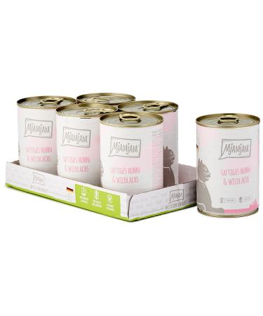 MjAMjAM - premium wet cat food - juicy chicken and wild salmon, 6 pack (6 x 400 g), grain-free with meat supplement