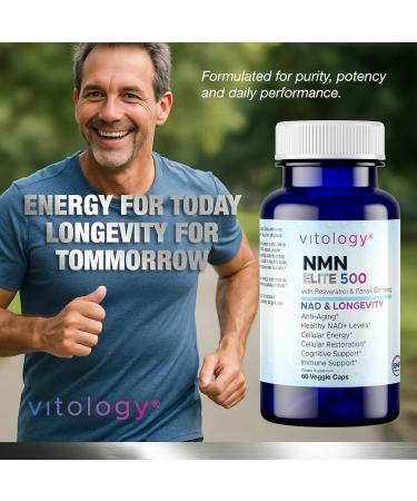 Vitology NMN Elite 500 NMN 500mg, Resveratrol 200mg, Panax Ginseng 300mg NAD+ Cellular Energy & Longevity Support Supplement Focus, Vitality & Anti-Aging Formula Non-GMO, Vegan Capsules - Buy Online on GoSupps.com