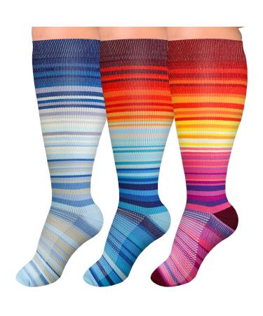 3 Pair Medical Plus Size Compression Socks Extra Wide Calf for Women para Varices 20-30 mmHg Knee High Circulation for Diabetic Nurse Yard and Pregnant Multicolor 01 XX-Large