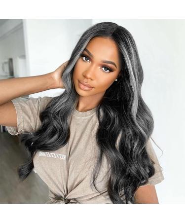 Highlight Grey Wig Human Hair Body Wave Lace Front Wig With Grey Highlights Human Hair 4x4 Grey Highlight Lace Front Wig Human Hair Platinum Blonde Highlight Wig For Black Women Wiggins Hair 20 Inch 20 Inch Gray Body Wave …