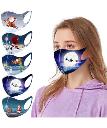 Riou 5 pieces Mouth protection with motif washable cotton breathable dustproof mouth and nose protection face covering for women men (Z-19)
