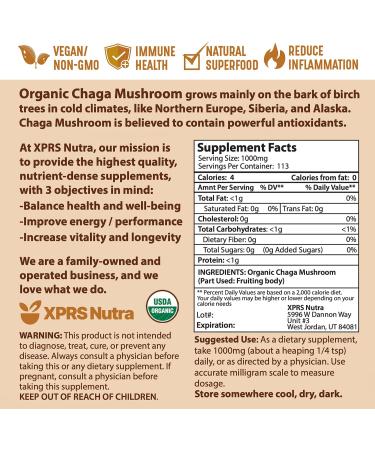 XPRS Nutra Organic Chaga Mushroom Powder - USDA Certified - Immune Support Superfood (4 oz) - Buy Online on GoSupps.com