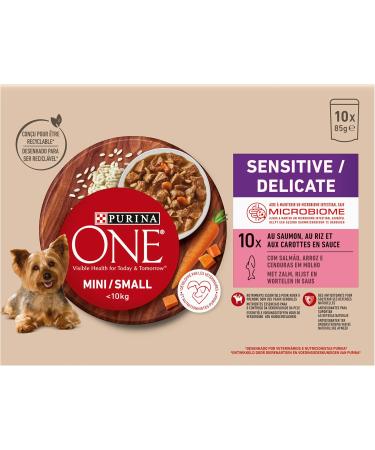 PURINA ONE Mini/Small 10kg Sensitive/Delicate Shredded Salmon Rice and Carrots in Sauce for Small Adult Dogs | Sensitive Digestion Meal Sachets 10x85g - Buy Online on GoSupps.com