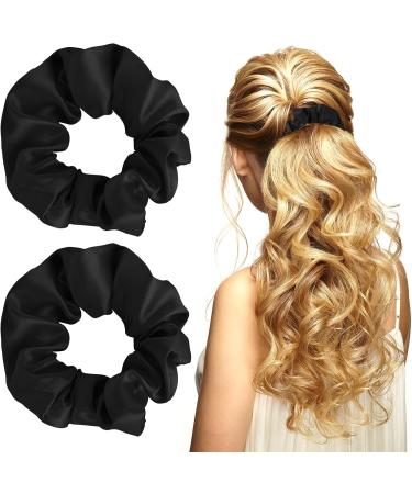 WLLHYF 2 Pieces Scrunchy Hair Ties Hair Scrunchies Strong Elastic Thick Black Headbands No Damage Ponytail Holder Fashion Beautiful Hair Accessories for Girls Women Teens and Thick Hair (Black) - Buy Online on GoSupps.com