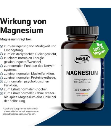 High-Dosed Magnesium 400mg Capsules - 365 Vegan Capsules with 667mg per Capsule | Laboratory Tested | Wehle Sports - Buy Online on GoSupps.com