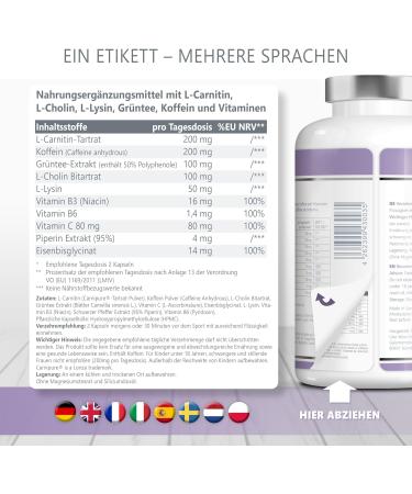 L-Carnitine Capsules 180 Count | Premium Carnipure - Vegan Formula with B3 B6 C Choline Lysine Green Tea & Caffeine | High Dose for Optimal Health - Buy Online on GoSupps.com