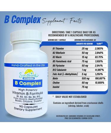 Sunshine Vitamins B Complex 90 Capsules Supports Energy Metabolism Brain Immune & Nervous System Health Non-GMO No Soy Gluten Dairy - Buy Online on GoSupps.com