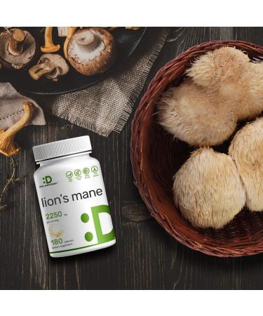 Lions Mane Mushroom Extract 2250mg | 180 Capsules Natural Nootropic with Fruiting Body & Mycelium | Rich in Polysaccharides | Non-GMO - Buy Online on GoSupps.com