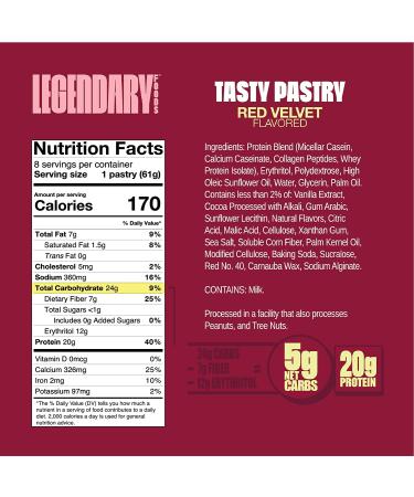 Legendary Foods Red Velvet Tasty Pastry 20g Protein Bar | Low Carb Gluten Free Keto Snacks | No Sugar Added On-The-Go Breakfast | High Protein Keto Food (8-Pack) - Buy Online on GoSupps.com