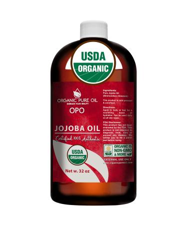 Organic Jojoba Oil USDA Certified Organic 100% Pure Cold Pressed Unrefined Extra Virgin Non GMO For Skin Hair Lash Massage Bulk 32 oz Golden Carrier DIY Soap Making Hydrating Moisturizing Hohoba - OPO