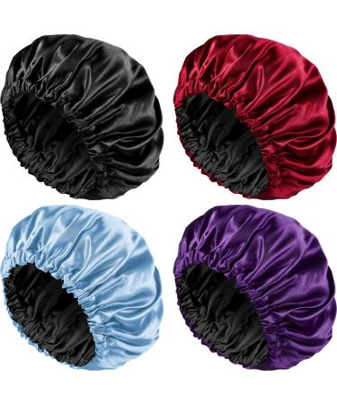 Geyoga 4 Pieces Silk Satin Bonnet Sleep Cap Extra Large Hair Bonnet for Sleeping Double Layer Reversible Hair Cap for Women Natural Curly Hair