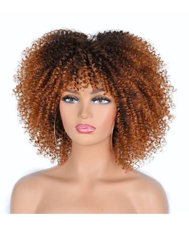 ANNIVIA 10inch Short Curly Wig for Black Women - Ombre Brown Afro Kinky Curly Wig with Bangs - Synthetic Fiber Full Wig - Buy Online on GoSupps.com