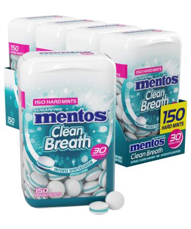 Mentos Clean Breath Sugarfree Hard Mint 150pc Intense Wintergreen (Pack of 4 Bottles) Winter Green 150 Count (Pack of 4)