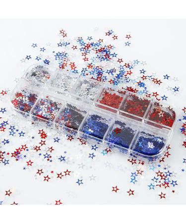 July 4th Independence Day Nail Art Glitter Sequins - 12 Grid Star Sequins in Red, Blue, Silver | Holographic Design Nail Stickers - Buy Online on GoSupps.com