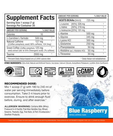 ALLMAX Nutrition - L-Carnitine Liquid + Vitamin B5 - Blue Raspberry - 473 ml & ACUTS - Amino Acid Powder Supplement with Taurine L-Carnitine Green Coffee Bean Extract - Blue Raspberry - 252 g - Buy Online on GoSupps.com