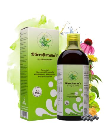 Microflorana -f - Prediotics - Colonation - Settling bacterial strains - Vitamins and minerals - including dosing aid - plant components - Probiotics Fluid - since 1980-500 ml