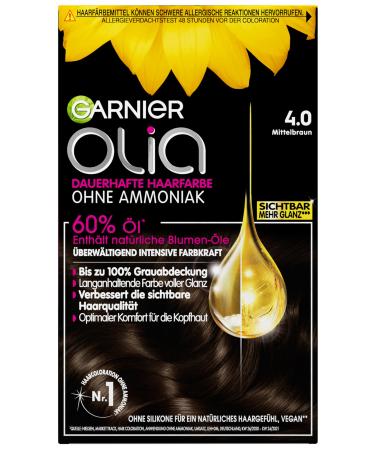 Garnier Olia No. 4.0 Medium-brown permanent hair color with intensive color power without ammonia contains 60% oils of the color 4.0 medium brown 60 g (1 Pack) - Buy Online on GoSupps.com