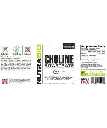 NutraBio Choline Bitartrate 550mg - 90 Veg Capsules | Cognitive Health & Mental Acuity Support - Buy Online on GoSupps.com
