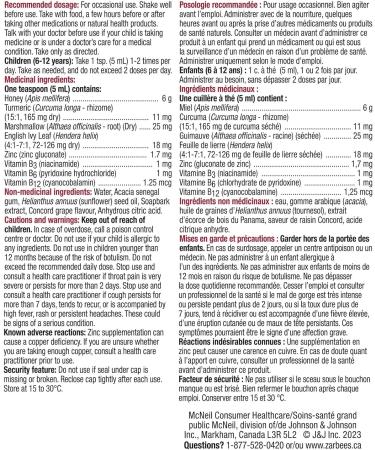 Zarbee's Children's Complete Cough + Cold Syrup Zinc Honey Tumeric Marshmallow Root B Vitamins English Ivy Leaf 118 mL - Buy Online on GoSupps.com