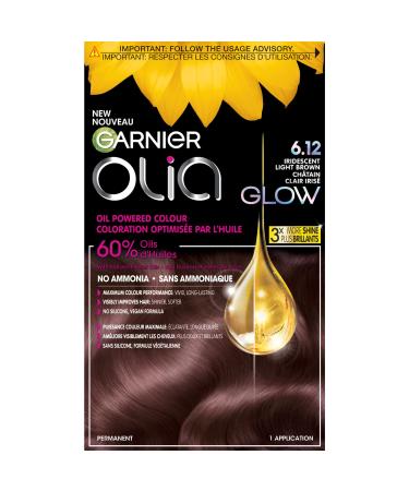 Garnier Olia Permanent Hair Dye Ammonia-Free Hair Color 6.12 Iridescent Light Brown 100% Grey Coverage Long-Lasting Hair Shine With 60% Oils 1 Application BROWN SHADES 6.12 Iridescent Light Brown