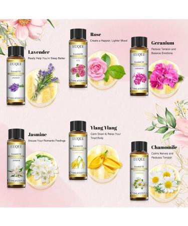 EUQEE Floral Essential Oils Set - 100% Pure Therapeutic Grade Aromatherapy Oils for Diffuser - Lavender, Rose, Ylang Ylang, Jasmine, Geranium, Chamomile - 60ml Total - Buy Online on GoSupps.com