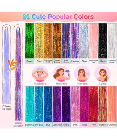20 Colors Hair Tinsel Kit | 48 Fairy Hair Extensions Set with Tools & Rhinestone | Heat Resistant Hair Accessories for Women & Girls - 4000 Strands - Buy Online on GoSupps.com