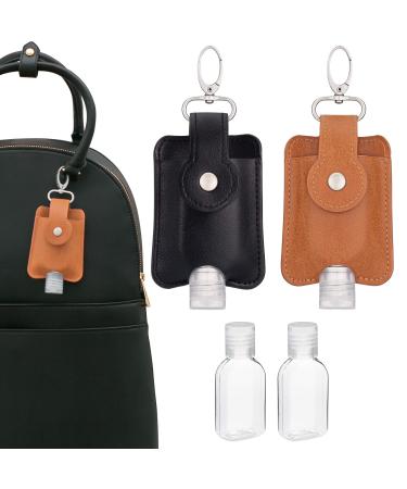VENTURED LIVING Hand Sanitizer Holder Keychain Set of 2 - Premium Vegan Leather & Leakproof Empty Hand Sanitizer Bottles - Mini Travel Hand Sanitizer Keychain Holder for Backpack & Purse (Black & Tan)