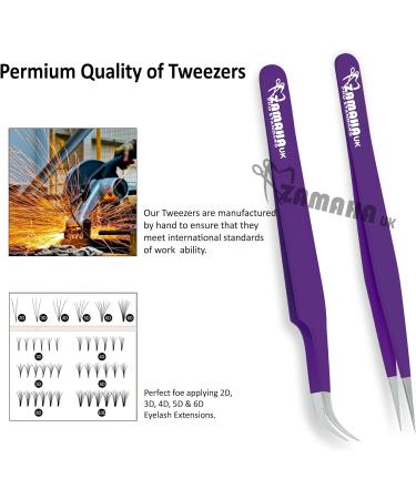 ZAMAHA UK Lash Extension Tweezers | Japanese Stainless Steel | Boot Shape Curved | 3D 4D 6D Angled Tip | Purple Precision Tools | Pack of 2 - Buy Online on GoSupps.com