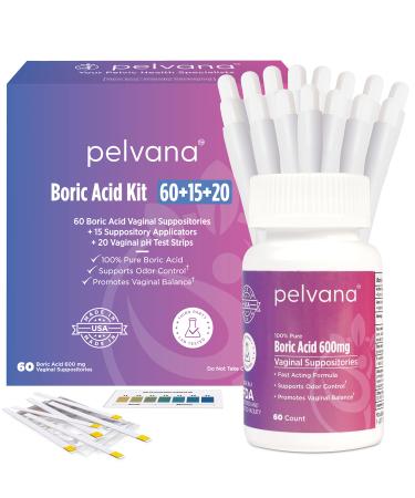 Pelvana Boric Acid Suppositories 60 + 15 Applicators + 20 pH Test Strips  95 Piece Kit for Vaginal pH Balance, Odor, Itching, Dryness & Discharge 95 Piece Set
