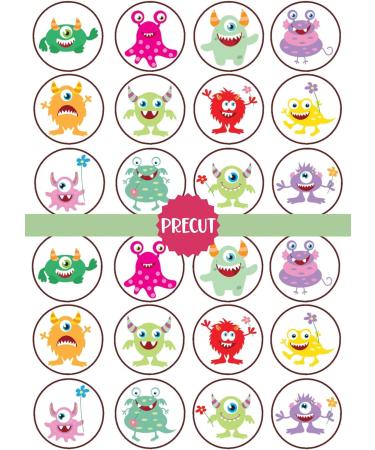 PRECUT Monsters Edible Cupcake Toppers - Cute Monsters Theme Premium Thickness SWEETENED VANILLA - wafer card disc cake decorations (Pack of 24) - Buy Online on GoSupps.com