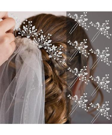 8 Pieces Bride Wedding Pearls Hair Pins Bridal Leaf Flower Hair Pins Rhinestone Bridesmaid Hair Pieces Wedding Hair Accessories for Women and Girls (Silver) - Buy Online on GoSupps.com