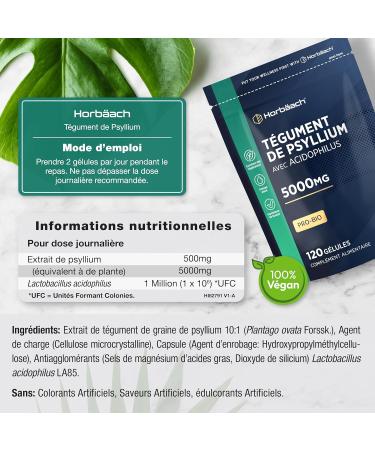 Psyllium Blond Gelules 5000mg avec ProBio Acidophilus | 120 Gelules V g taliennes | Psyllium Husk Fibre | Horbaach - Buy Online on GoSupps.com
