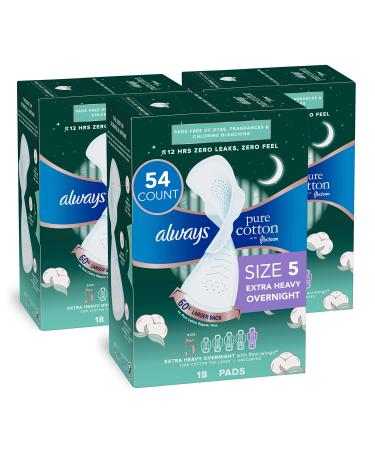 Always Pure Cotton With Flexfoam Pads, Size 5 Extra Heavy Overnight Absorbency, With Wings, 18 Count, Pack Of 3 (54 Count Total)