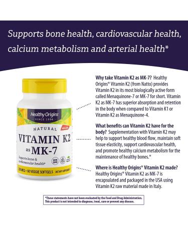 Healthy Origins Vitamin K2 MK-7 Supplement 100 mcg - 60 Count for Bone & Heart Health - Buy Online on GoSupps.com
