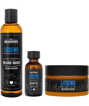 Live Bearded: 3-Step Beard Grooming Kit - Legend - Beard Wash Beard Oil and Beard Butter - All-Natural Ingredients with Shea Butter Jojoba Oil and More - Beard Growth Support - Made in the USA