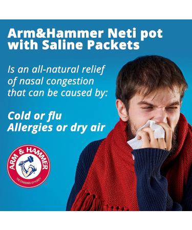GuruNanda Arm & Hammer Neti Pot - Nasal Rinse Kit for Sinus Wash & Allergy Relief - BPA-Free - 50 Salt Packets Included - 240ml - Blue - Buy Online on GoSupps.com