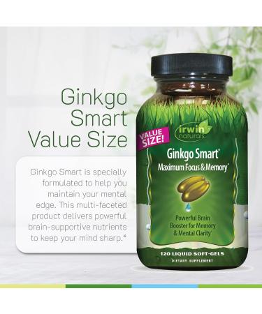 Irwin Naturals Ginkgo Smart Maximum Focus & Memory Brain Supplement with Ginkgo Biloba, Acetyl-L-Carnitine, DMAE Liquid Soft-Gels with BioPerine for Superior Absorption 120 Count (2 Pack) - Buy Online on GoSupps.com
