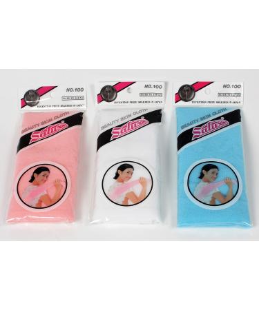 SALUX Nylon Japanese Beauty Skin Bath Wash Cloth/Towel 3 pcs Mix Peach White Blue