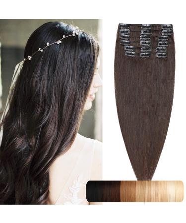 SEGO Clip in Extensions Real Hair 8 Piece Set Hair Extension Hairpiece Remy Heat Resistant Straight Dark Brown#2 20"(50cm)-80 g