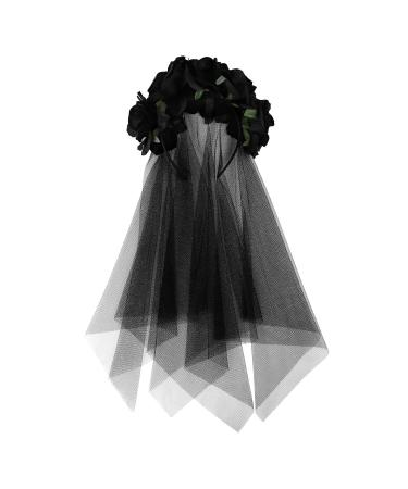 Flower Headband with Black Lace Veil Halloween Rose Headdress for Girls Women Ladies Floral Headwear Gothic Hair Band Hair Hoop Fancy Dress Up Costume Accessory Day of the Dead Cosplay Party Hairband