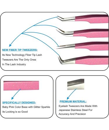 Alishba Beauty Glitter Sparkle Eyelash Extension Tweezers - Set of 4 Precision Fiber Tip Grip Japanes Stainless Steel Tweezers in Glitter Pink - Buy Online on GoSupps.com