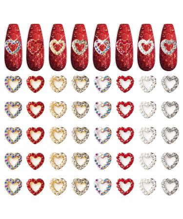 XEAOHESY 40 Pieces Gold and Silver Alloy Heart Charms for Nails Love Heart Nail Charms Gems Christmas Heart Nail Studs Inlaid Rhinestone Pearls for Women Girls Valentine's Day Nail Art 40 Pieces Heart Charms