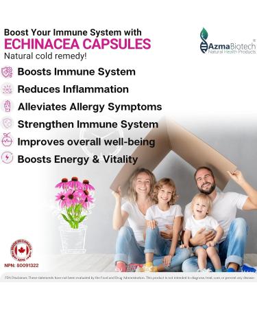 AzmaBiotech Organic Echinacea Capsules 1000mg 60 Vegan Capsules Immune Support & Cold Relief Anti-Inflammatory Properties 30-Day Supply Made in Canada Non-GMO Gluten-Free - Buy Online on GoSupps.com