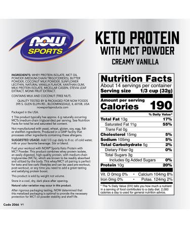 Now Foods Sports Keto Protein with MCT Powder - Creamy Vanilla 1 lb | Low Carb Supplement - Buy Online on GoSupps.com