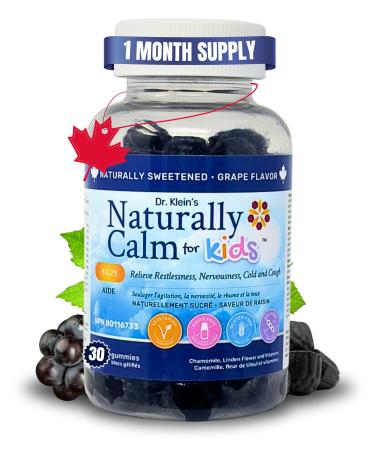 Dr. Klein's Naturally Calm Gummies For Kids. Grape Flavour. Relieves Restlessness & Nervousness. Includes Chamomile Extract and Large Leaf Linden Extract Plus Vitamins & Minerals to Support Stress Relief . Sugar Free. 30 Chewable Gummies.