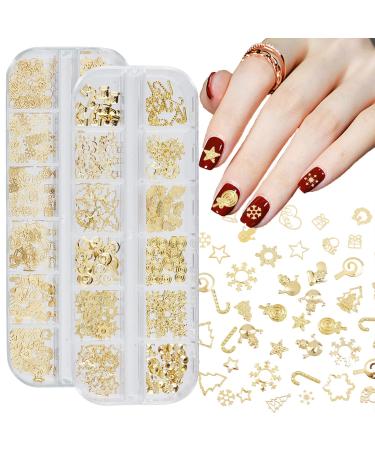 NICENEEDED 2 Boxes Christmas Nail Art Sequins 3D Snowflake Snowman Bell Elk Design Nail Glitters Holographic Laser Gold Xmas Nail Art Flakes for Christmas Party Nail Decoration