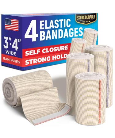 High-Performance Elastic Bandage Wrap - 4pk (2x3 2x4 ) - Strong Self-Closing Compression Bandage Wrap - Foot Ankle Wrist Knee Body Wrap